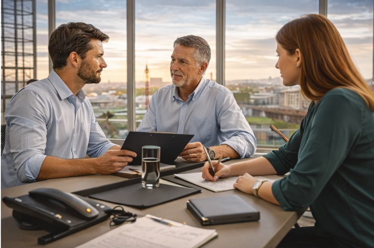Illustrative business discussion around a meeting table