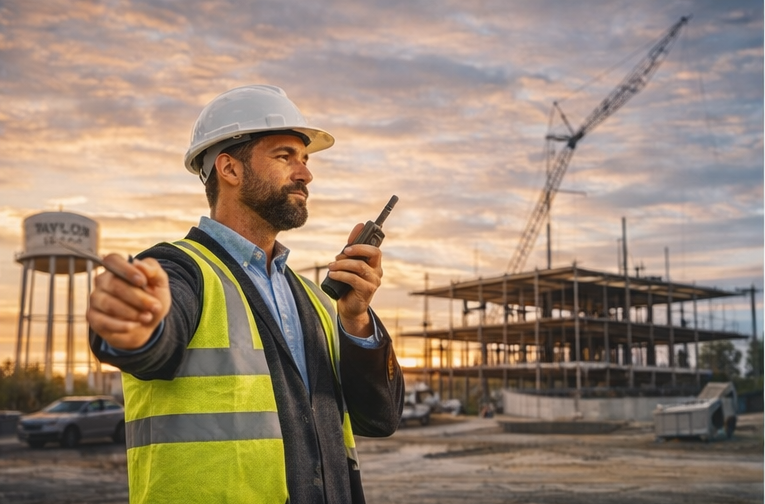 Illustrative construction supervisor coordinating work at a building site